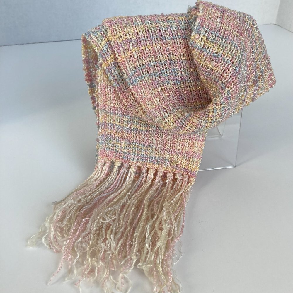 Hand Knit Artisan Pastel Fringe Scarf by Bobby Hertzbach 72" x 4.5"